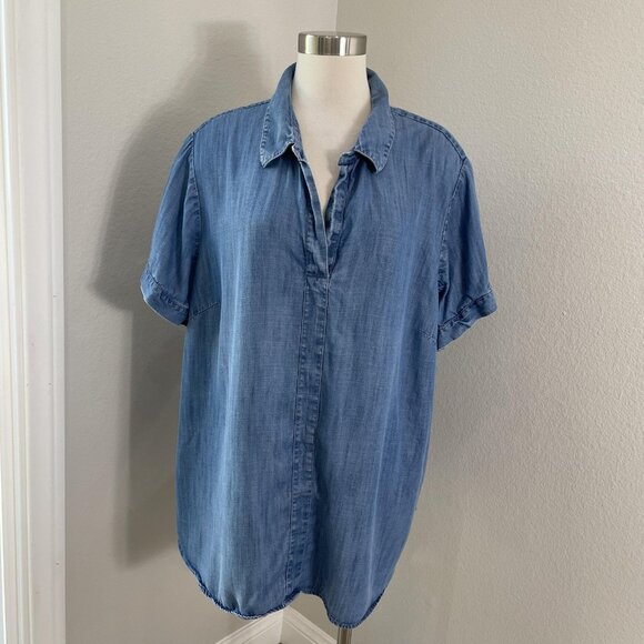 J Jill Denim Shirt Womens Plus 3X Blue Tencel Chambray Short Sleeve Popover - Picture 1 of 9
